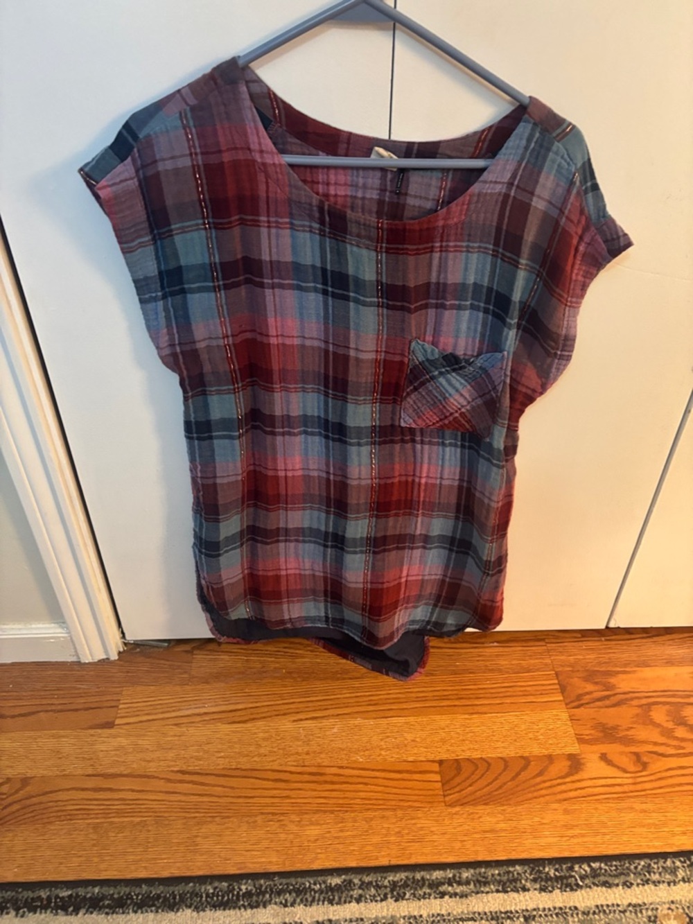 Anthropologie Plaid Short-Sleeve Pocket Blouse - Red & Blue
